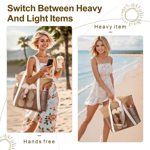 Women's Beige Vacation Waterproof Sandproof With Zipper Mesh Pockets Beach Bag - Picture 8 of 8